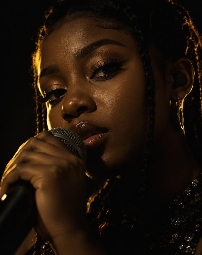 Nigerian singer performing under gold stage lighting